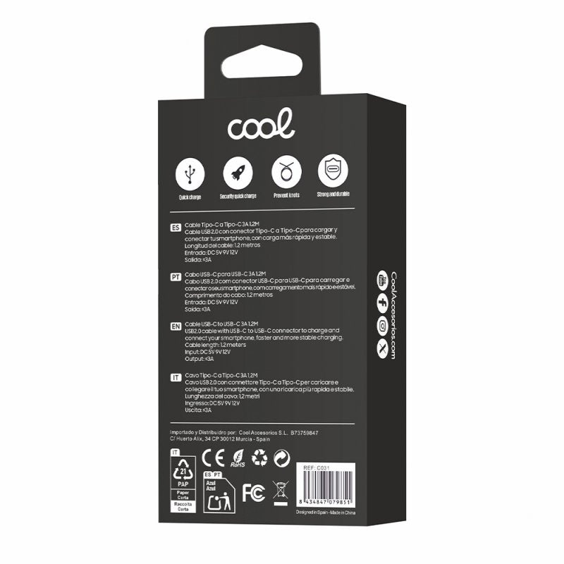 Cable USB Compatible COOL Universal TIPO-C a TIPO-C (1 metro) Negro 3 Amp