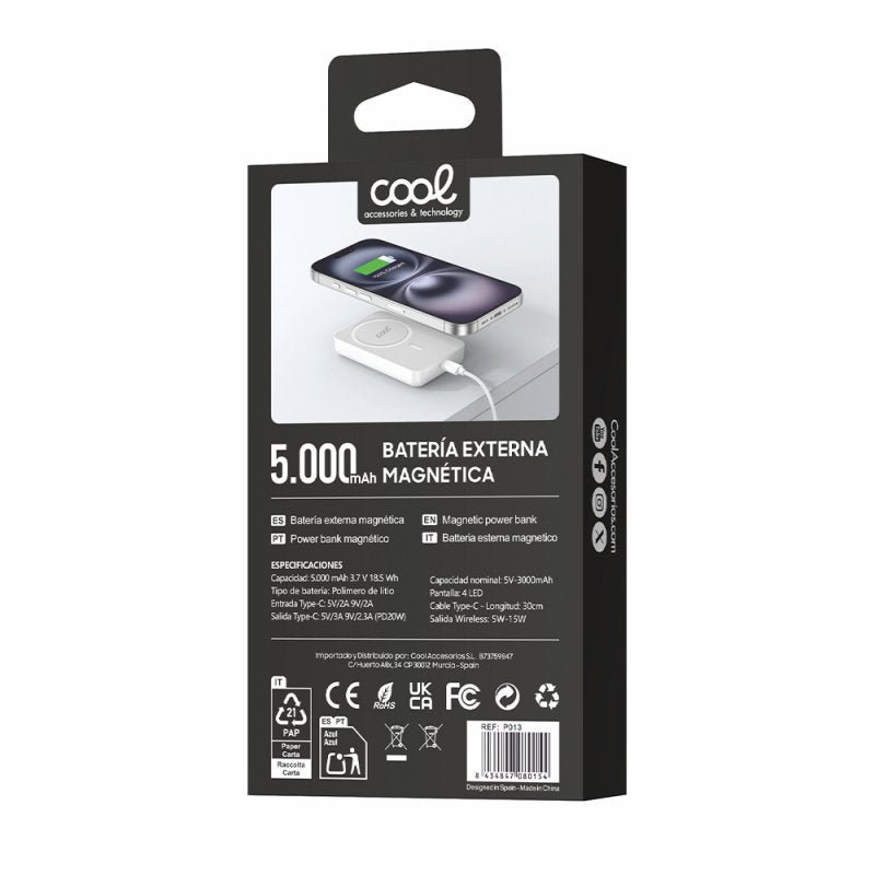 Bateria Externa Universal MAGNÉTICA Power Bank Qi 5000 mAh COOL Blanco