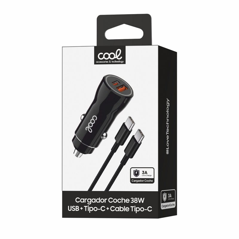 Cargador Coche Cable Tipo C (2x USB + Tipo-C) COOL 38W Kit 2 en 1 Negro