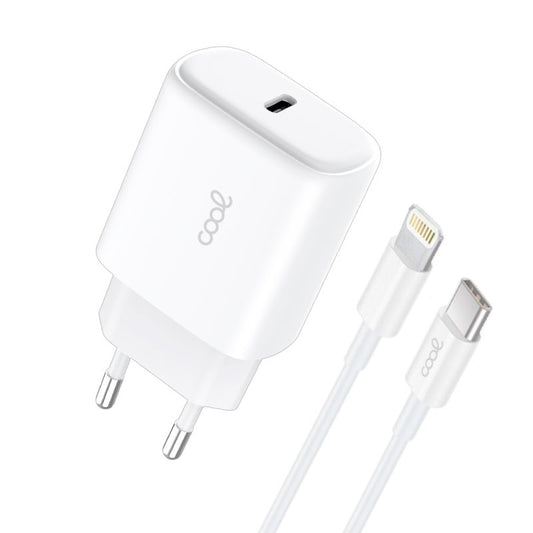 Cargador Red Universal Fast Adapt. (PD) Tipo-C COOL (25W) Blanco + Cable Tipo-C a Lightning