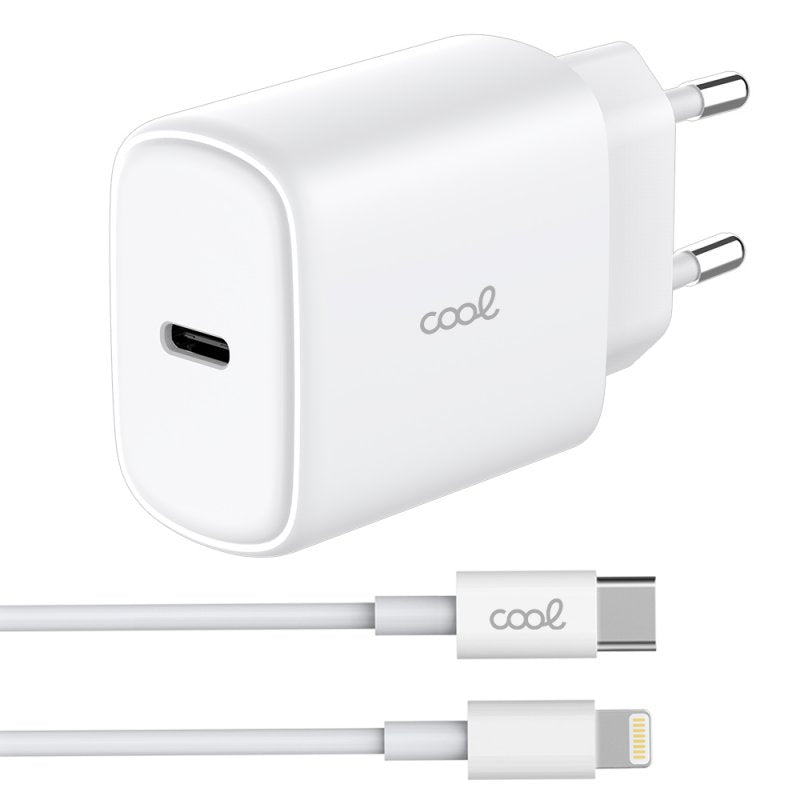 Cargador Red Universal Fast Adapt. (PD) Tipo-C COOL (25W) Blanco + Cable Tipo-C a Lightning