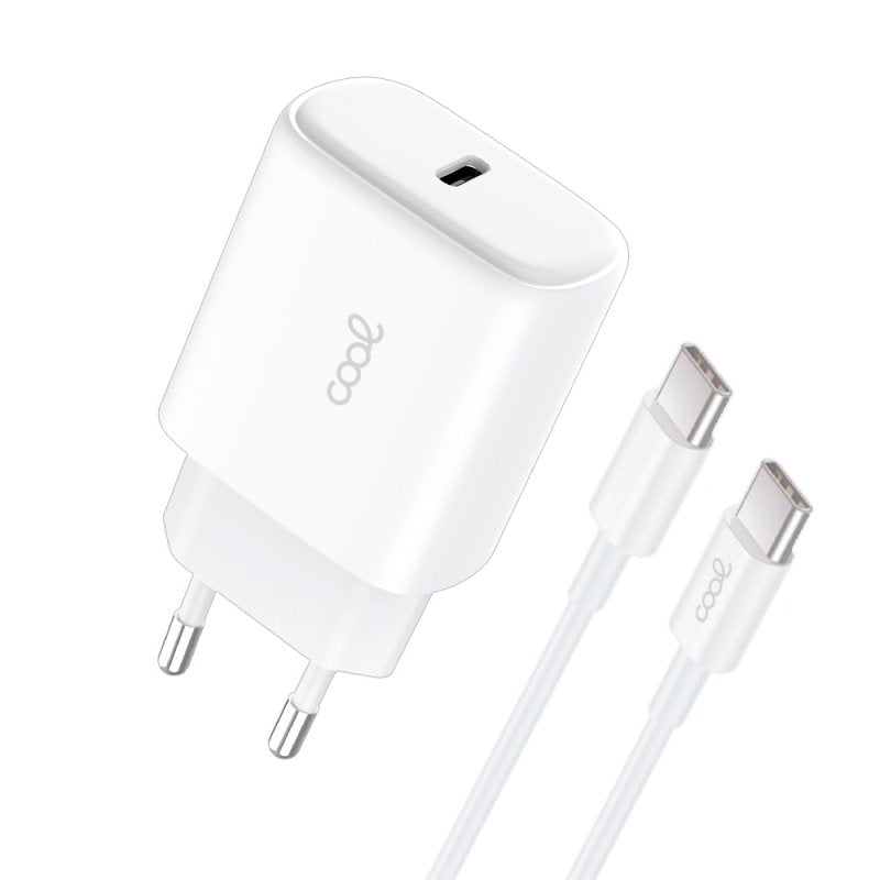 Cargador Red Universal Fast Adapt. (PD) Tipo-C COOL (25W) Blanco + Cable Tipo-C a Tipo-C