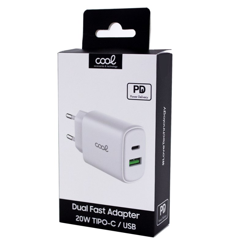 Cargador Red Universal Fast Charger (PD) Dual Tipo-C / USB COOL (20W) Blanco