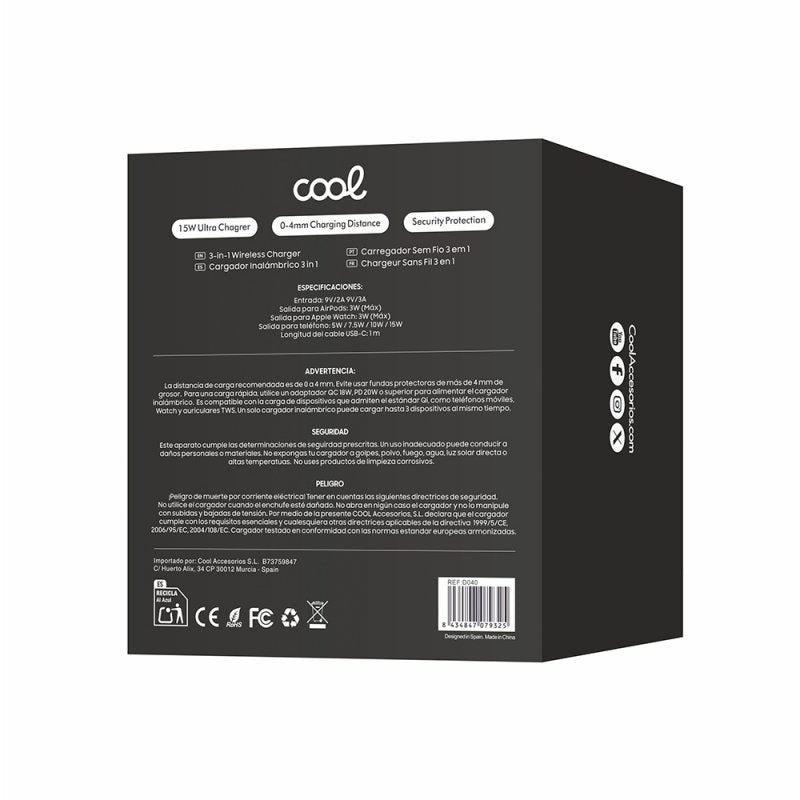 Dock Base Qi Cargador Inalámbrico 3 en 1 COOL Negro