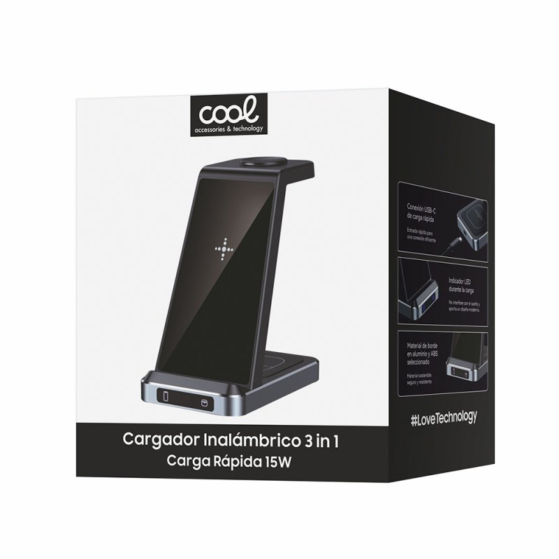 Dock Base Qi Cargador Inalámbrico 3 en 1 COOL Negro
